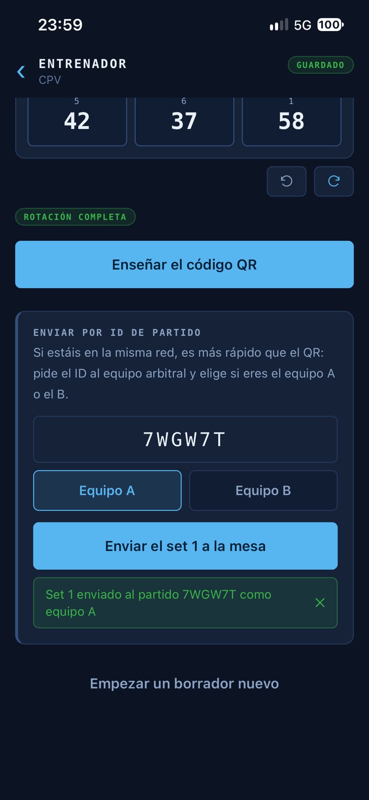 VB Rotate: envío del set a la mesa con el ID del partido