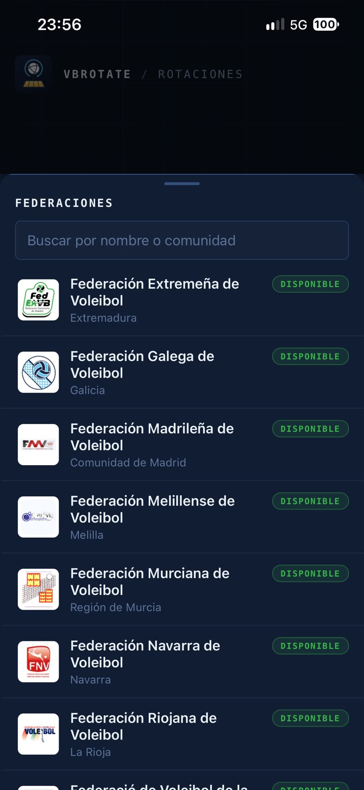 VB Rotate: listado de federaciones con buscador