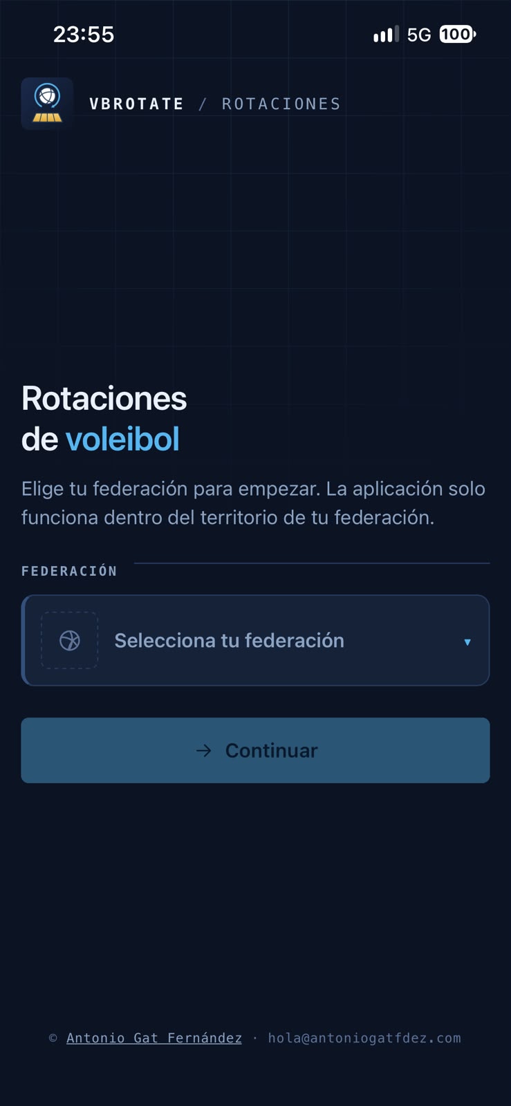 VB Rotate: pantalla de inicio para elegir federación