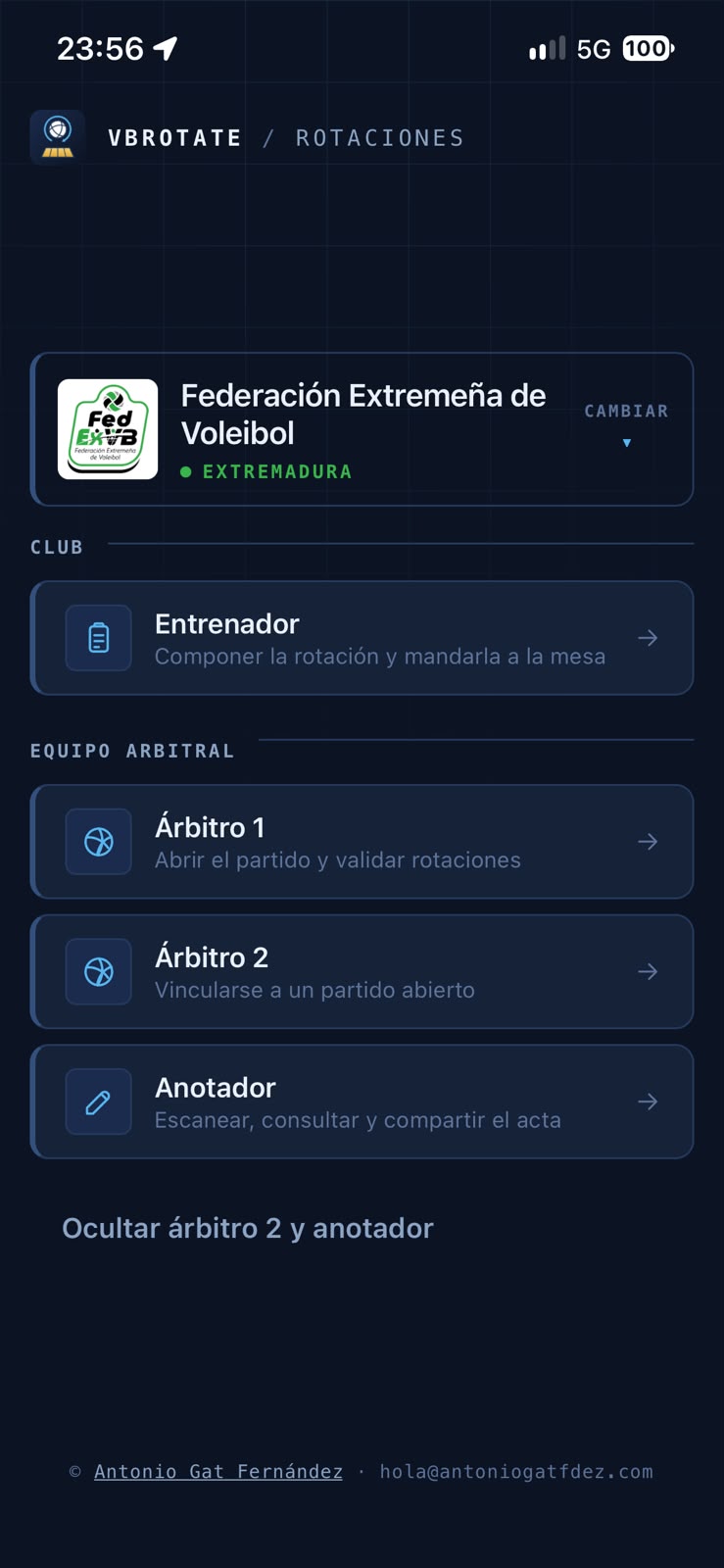 VB Rotate: elección de perfil entre entrenador, árbitro 1, árbitro 2 y anotador